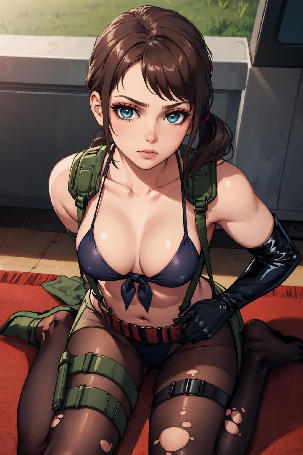 masterpiece, best quality, 1girl, solo, looking at viewer, breasts,  <lora:quietmetalgear-guy-v3:1>, quietmetalgear, ponytail, makeup, eyeshadow, bikini, front-tie top, suspenders, gloves, single elbow glove, thigh holster, holster, torn pantyhose, sitting, wariza, from above, 