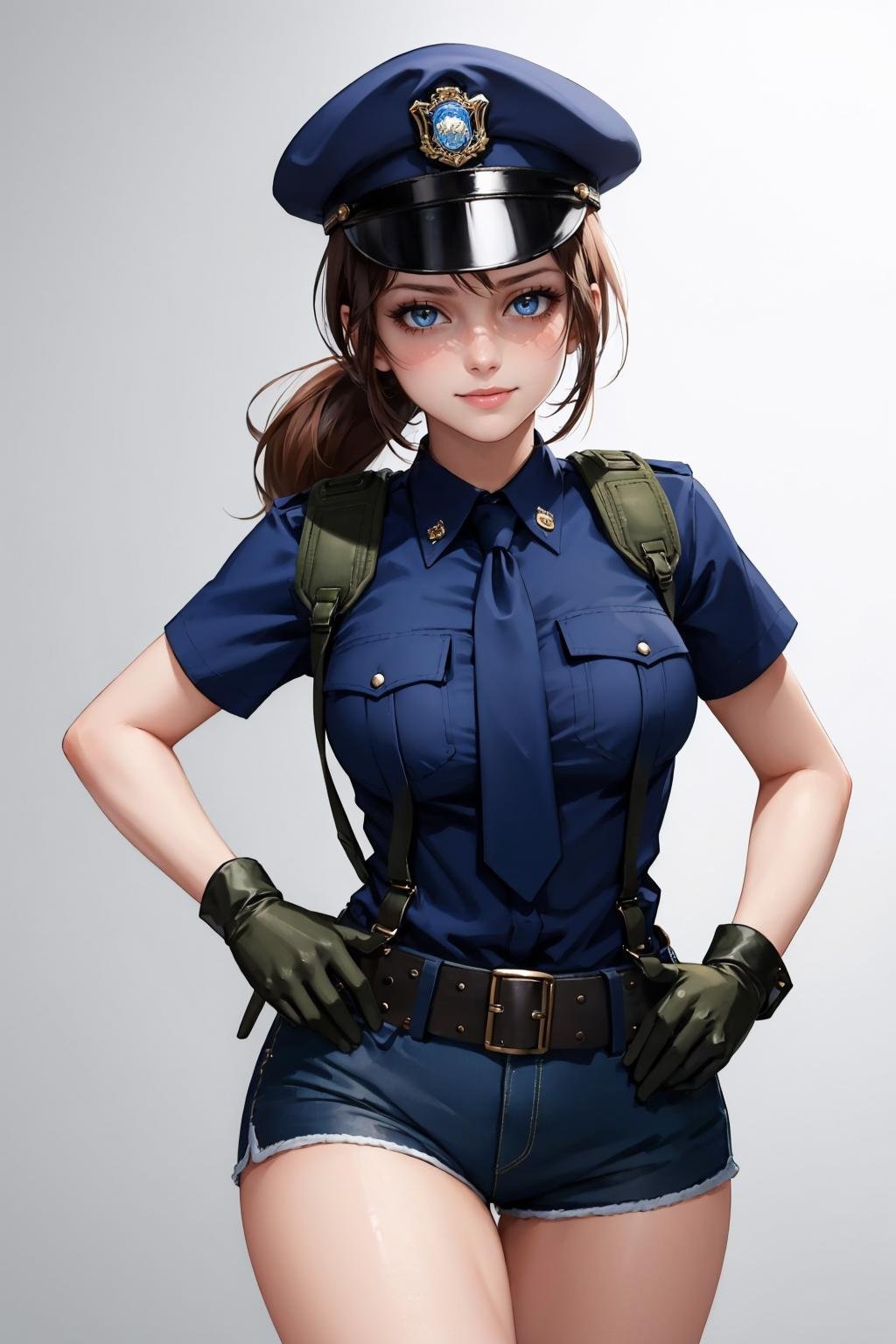 masterpiece, best quality, 1girl, solo, looking at viewer, breasts,  <lora:quietmetalgear-guy-v3:.95>, quietmetalgear, ponytail, makeup, eyeshadow, policewoman, police, police uniform, tail, uniform, gloves, hat, smile, blue shirt, necktie, cuffs, police hat, belt, white gloves, simple background, white background, shirt, shorts, short sleeves, blush, blue shorts, blue headwear