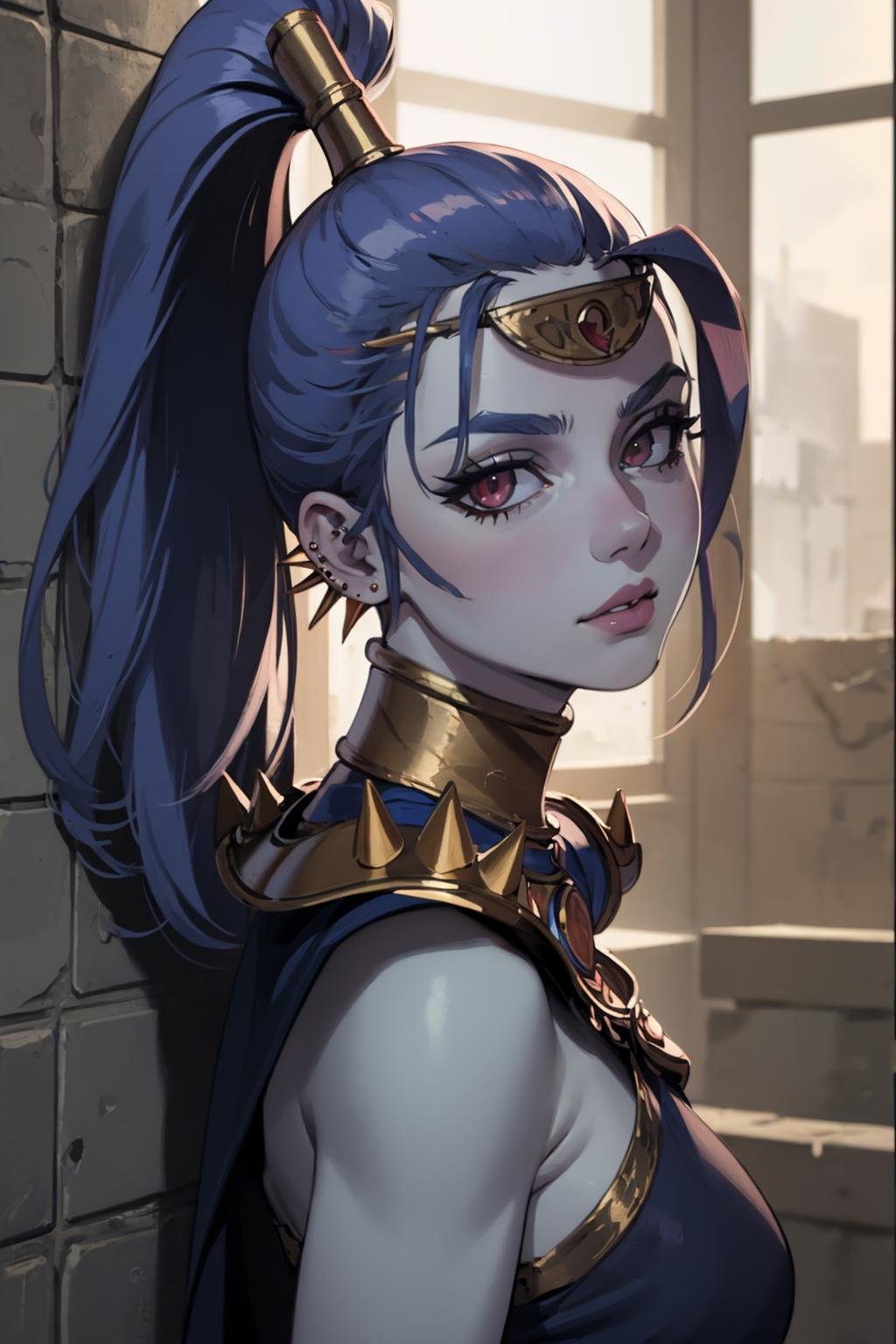 (masterpiece, best quality:1.2), <lora:megaera:.9>, megaera, 1girl, solo, ponytail, colored skin, breasts, piercing, ear piercing, blue skin, single wing, gorget, greek clothes, indoors, against wall, looking at viewer, shadow, 