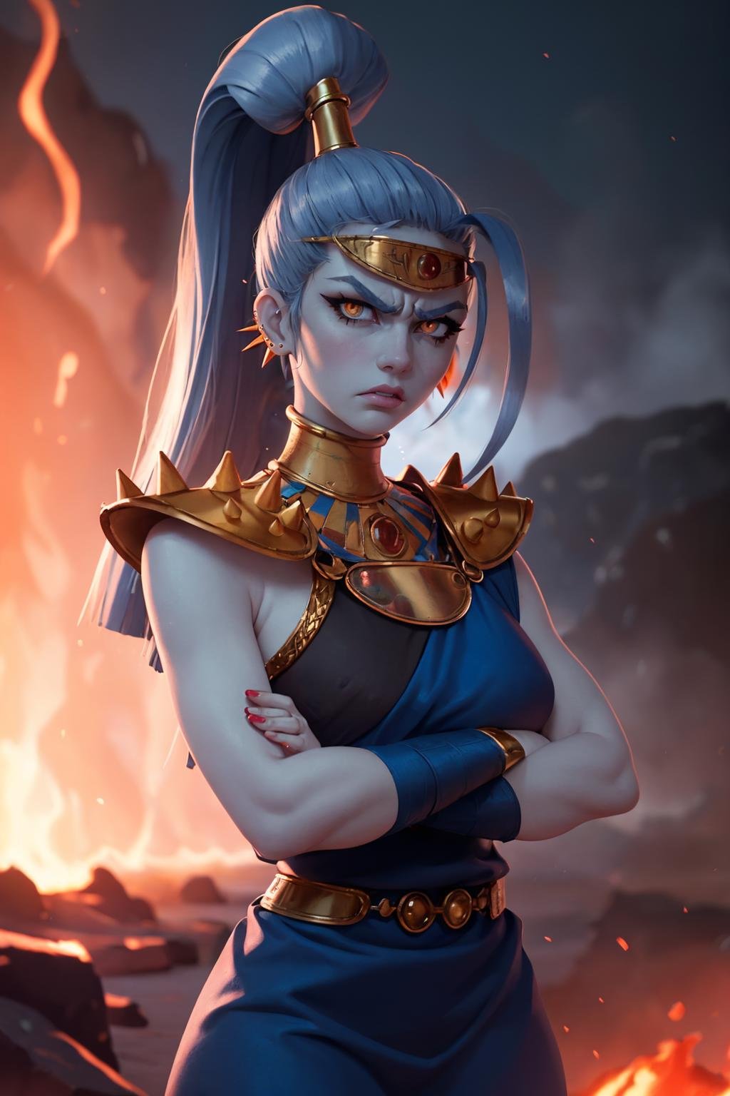 (masterpiece, best quality:1.2), <lora:megaera:.9>, megaera, 1girl, solo, ponytail, colored skin, breasts, piercing, ear piercing, blue skin, single wing, gorget, greek clothes, outdoors, lava, molten rock, cowboy shot, crossed arms, looking at viewer, light particles,  colorful, abstract, volumetric lighting, sparkling eyes, angry, 