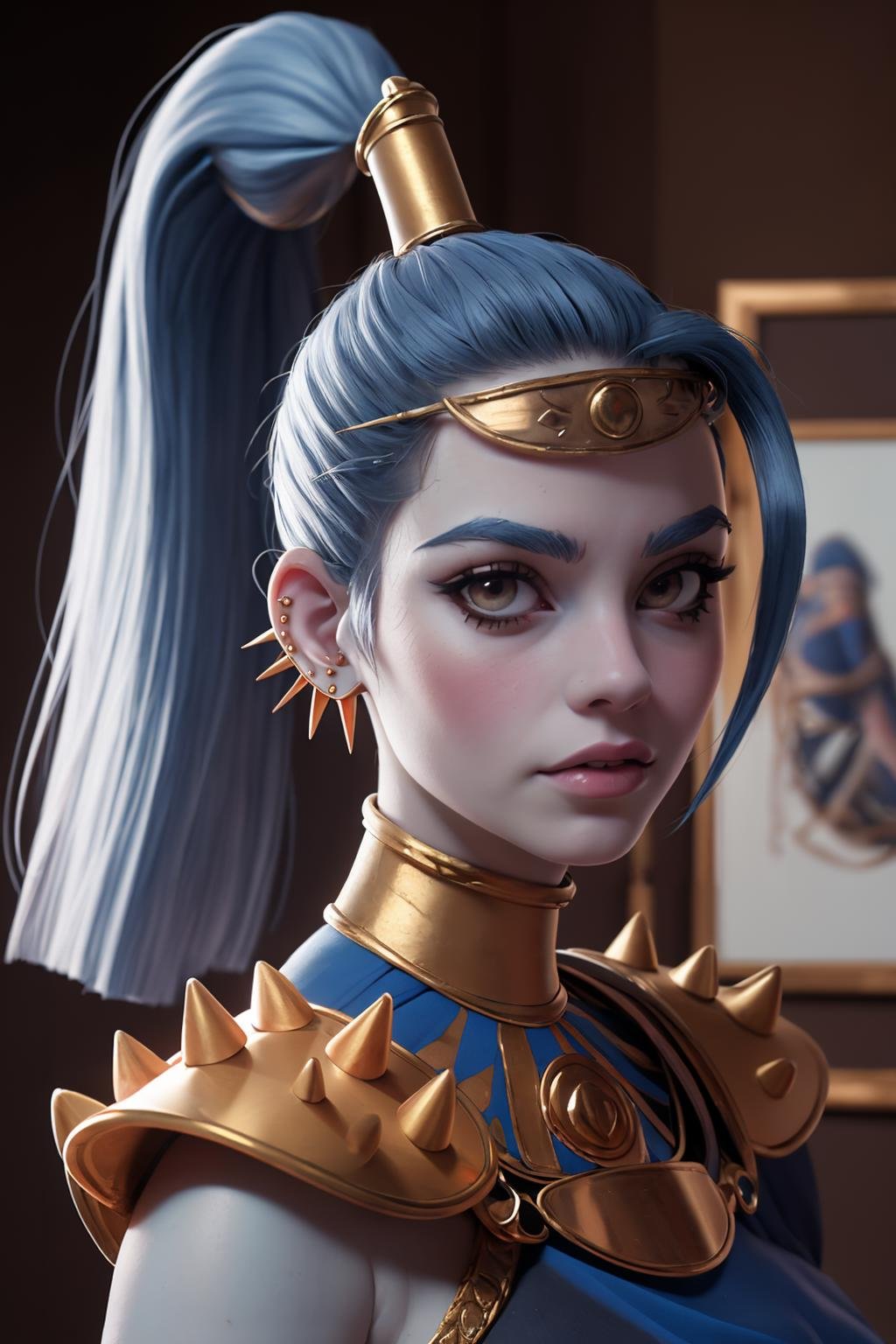 (masterpiece, best quality:1.2), <lora:megaera:.9>, megaera, 1girl, solo, ponytail, colored skin, breasts, piercing, ear piercing, blue skin, single wing, gorget, greek clothes, portrait, indoors, 