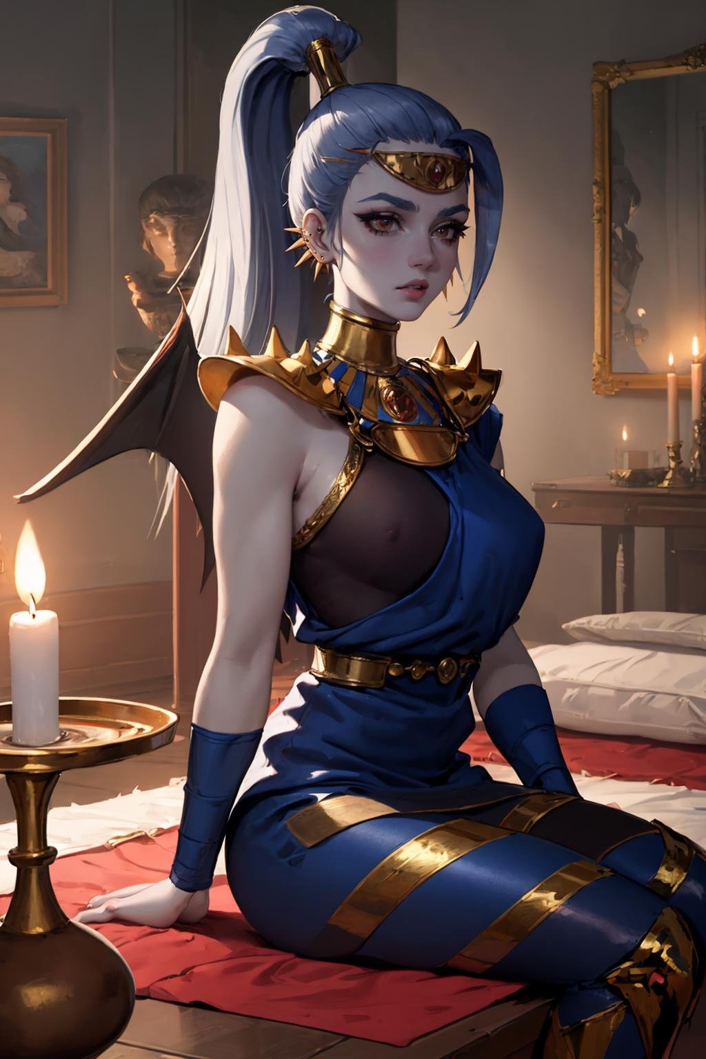 (masterpiece, best quality:1.2), <lora:megaera:.9>, megaera, 1girl, solo, ponytail, colored skin, breasts, piercing, ear piercing, blue skin, single wing, gorget, greek clothes, indoors, bed, sitting, mirror, stone walls, candlestand, rug, paintings