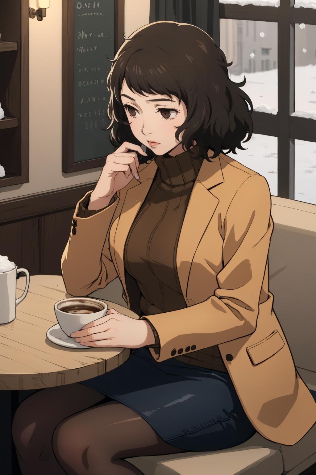 (masterpiece, best quality:1.2), <lora:sadayokawakami:.9>, sadayokawakamicoat, 1girl, solo, breasts, skirt, jacket, bag, pencil skirt, pantyhose, sweater, coat, turtleneck, ribbed sweater, brown jacket, turtleneck sweater, brown coat, café, booth seating, indoors, snowing, 