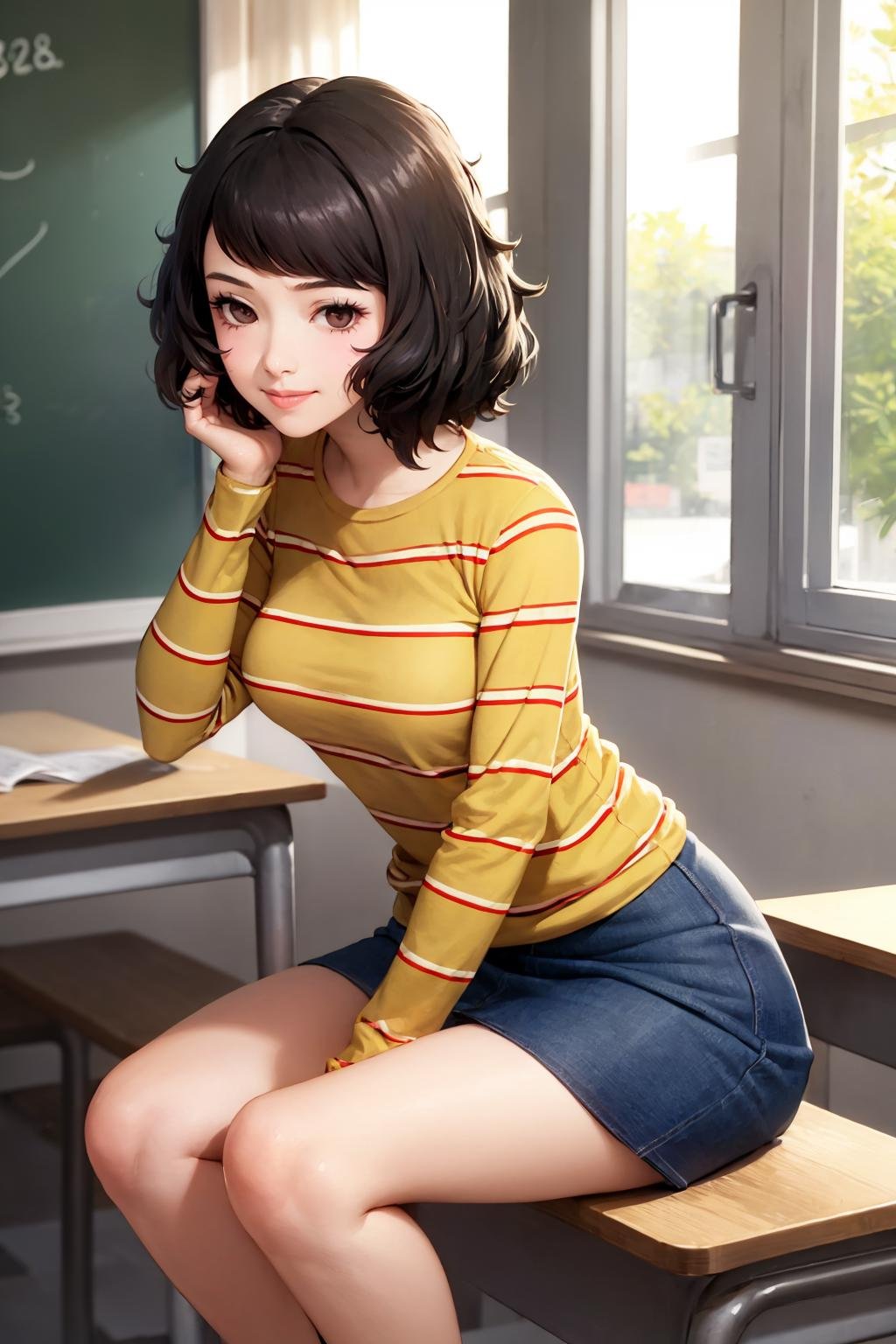 (masterpiece, best quality:1.2), <lora:sadayokawakami:.9>,  sadayokawakamisweater, 1girl, solo, breasts, smile, skirt, shirt, striped, striped shirt, indoors, classroom, chalkboard, window, 