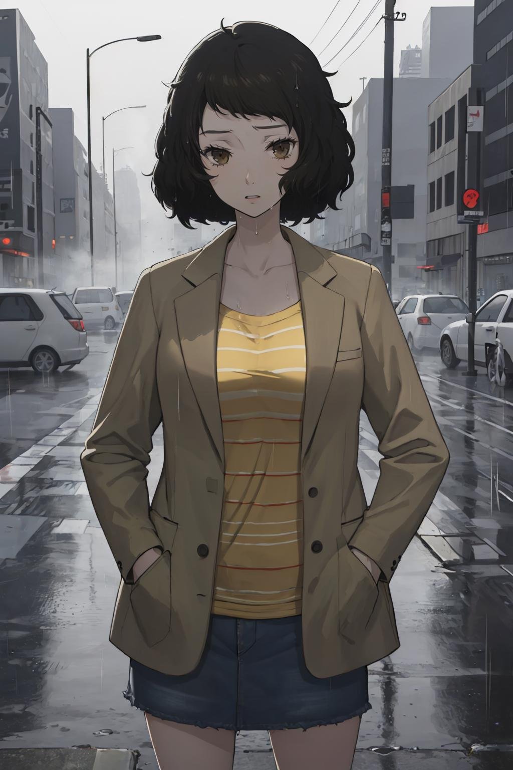 (masterpiece, best quality:1.2), <lora:sadayokawakami:.9>, sadayokawakamijacket, 1girl, solo, breasts, skirt, yellow shirt, striped shirt, striped, jacket, denim, collarbone, outdoors, rain, fog, wet, hands in pockets, city, 