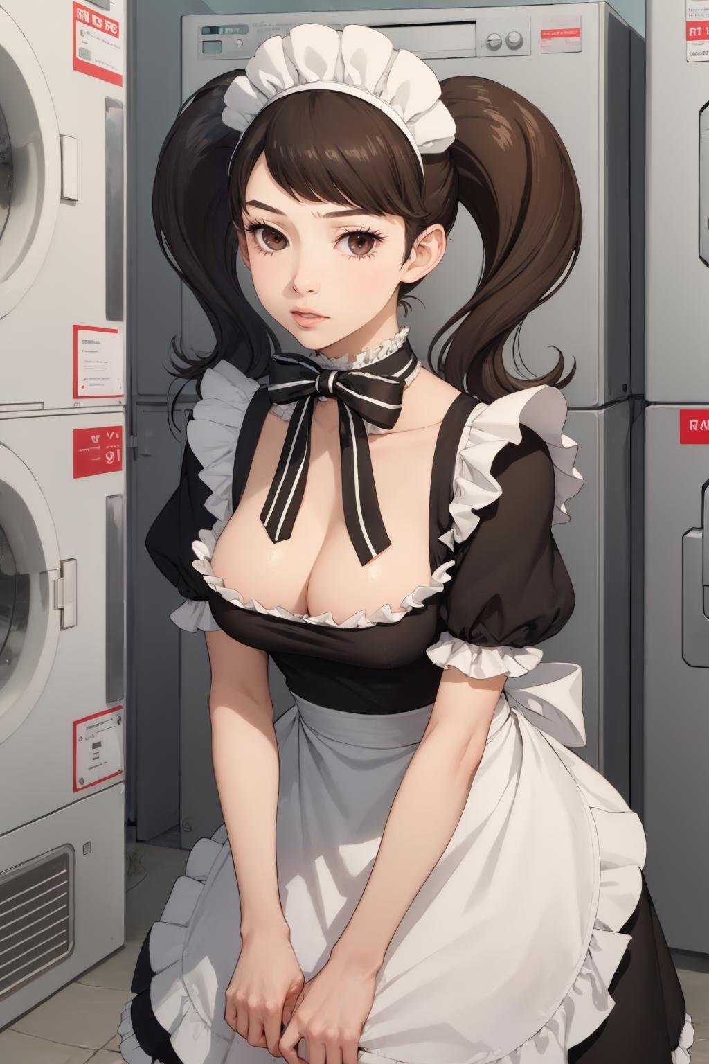 (masterpiece, best quality:1.2), <lora:sadayokawakami:.9>, sadayokawakamimaid, 1girl, solo, breasts, dress, bow, breasts, twintails, short sleeves, puffy sleeves, apron, maid, maid headdress, maid apron, laundry, laundromat, washing machine, laundry basket, wall clock,