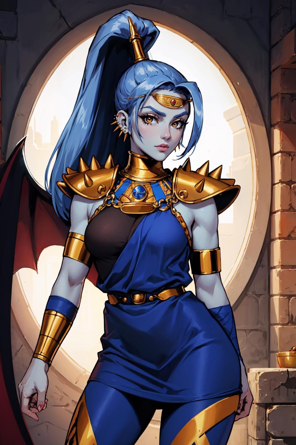 masterpiece, best quality, 1girl, solo, looking at viewer, breasts,  <lora:megaera-guy-v2:1>, megaera, ponytail, (blue skin:1.2), circlet, earrings, piercing, single wing, greek clothes, spikes, armlet, dress, shoulder armor, gorget, muscular, 