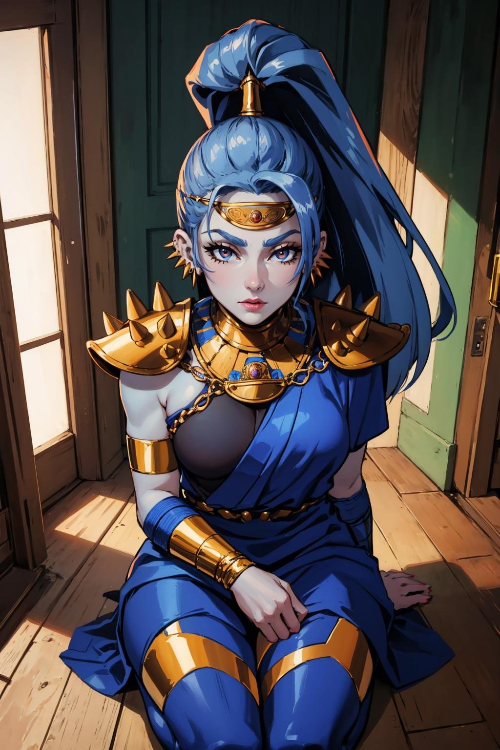 masterpiece, best quality, 1girl, solo, looking at viewer, breasts,  <lora:megaera-guy-v2:1>, megaera, ponytail, (blue skin:1.2), circlet, earrings, piercing, greek clothes, spikes, armlet, dress, shoulder armor, gorget, muscular, sitting, indoors, from above, seiza, 