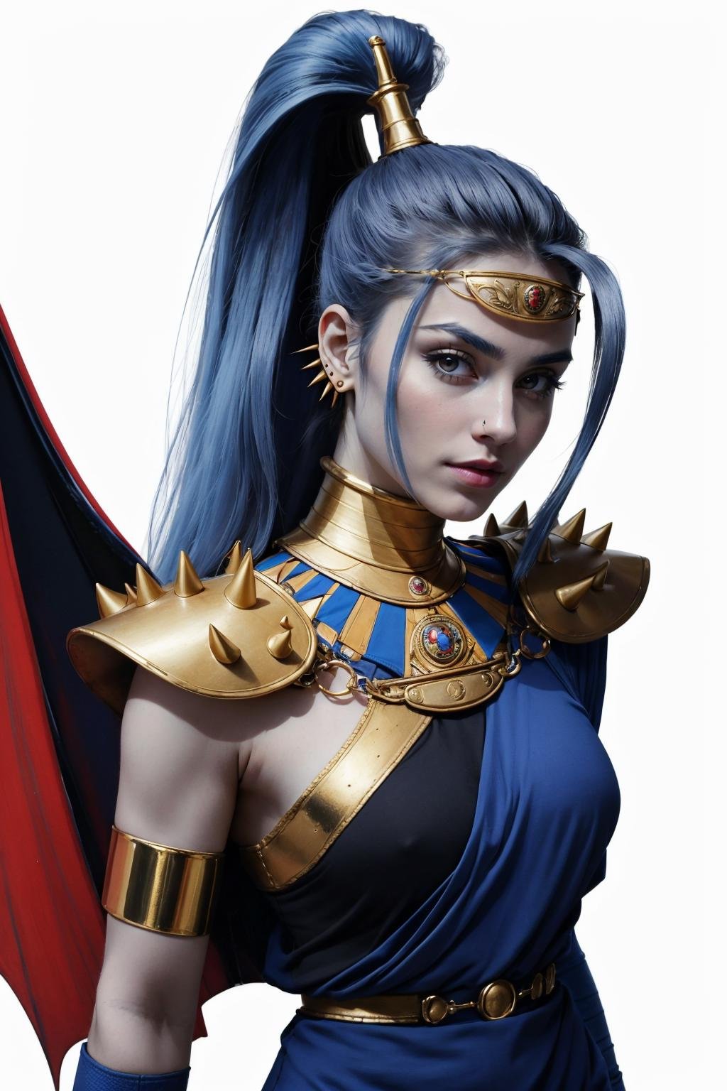 masterpiece, best quality, 1girl, solo, looking at viewer, breasts,  <lora:megaera-guy-v2:1>, megaera, ponytail, (blue skin:1.2), circlet, earrings, piercing, single wing, greek clothes, spikes, armlet, dress, shoulder armor, gorget, muscular, simple background, white background, 