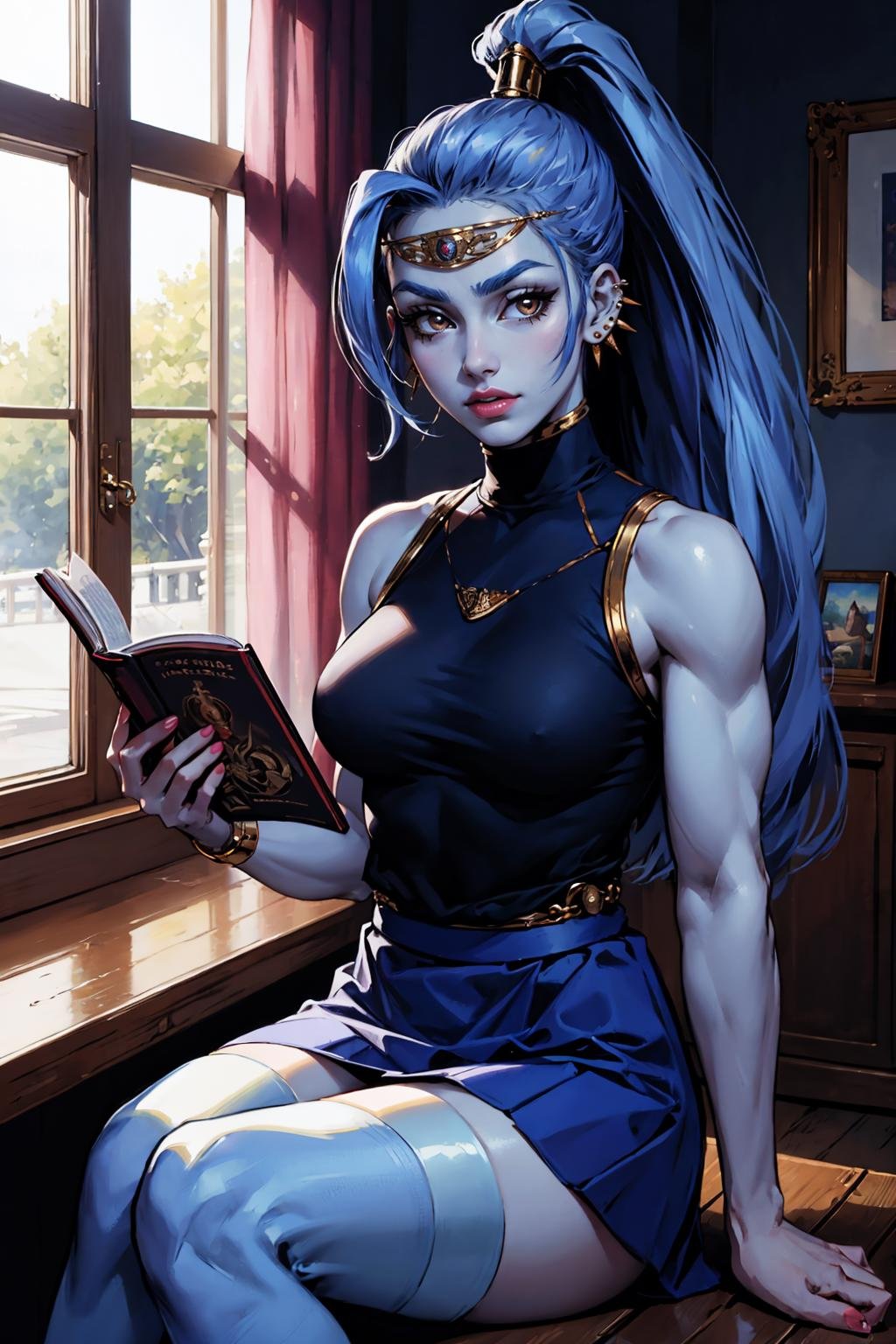 masterpiece, best quality, 1girl, solo, looking at viewer, breasts,  <lora:megaera-guy-v2:.95>, megaera, ponytail, (blue skin:1.2), circlet, earrings, piercing, muscular, skirt, turtleneck, sleeveless, reading, sitting, 