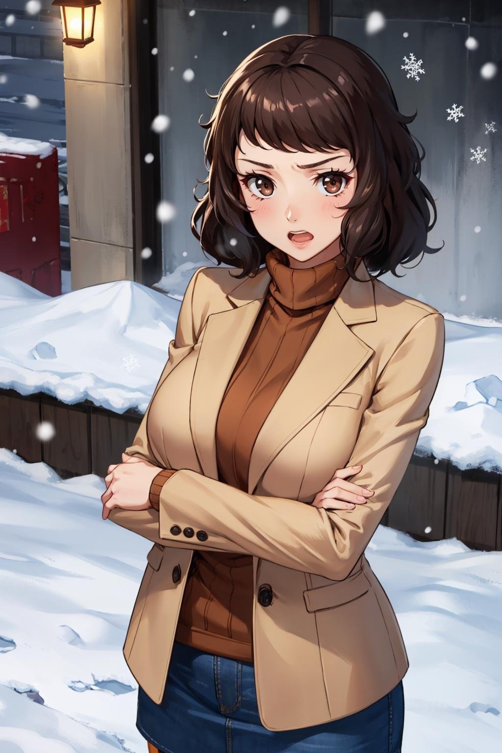 masterpiece, best quality, 1girl, solo, looking at viewer, breasts, mature female, collarbone, <lora:skp5-guy-v2:1>, skp5, bangs, sweater, turtleneck sweater, skirt, pantyhose, blue skirt, coat, brown sweater, brown coat, ribbed sweater, outdoors, snowing, cold, trembling, crossed arms, open mouth, sad, 