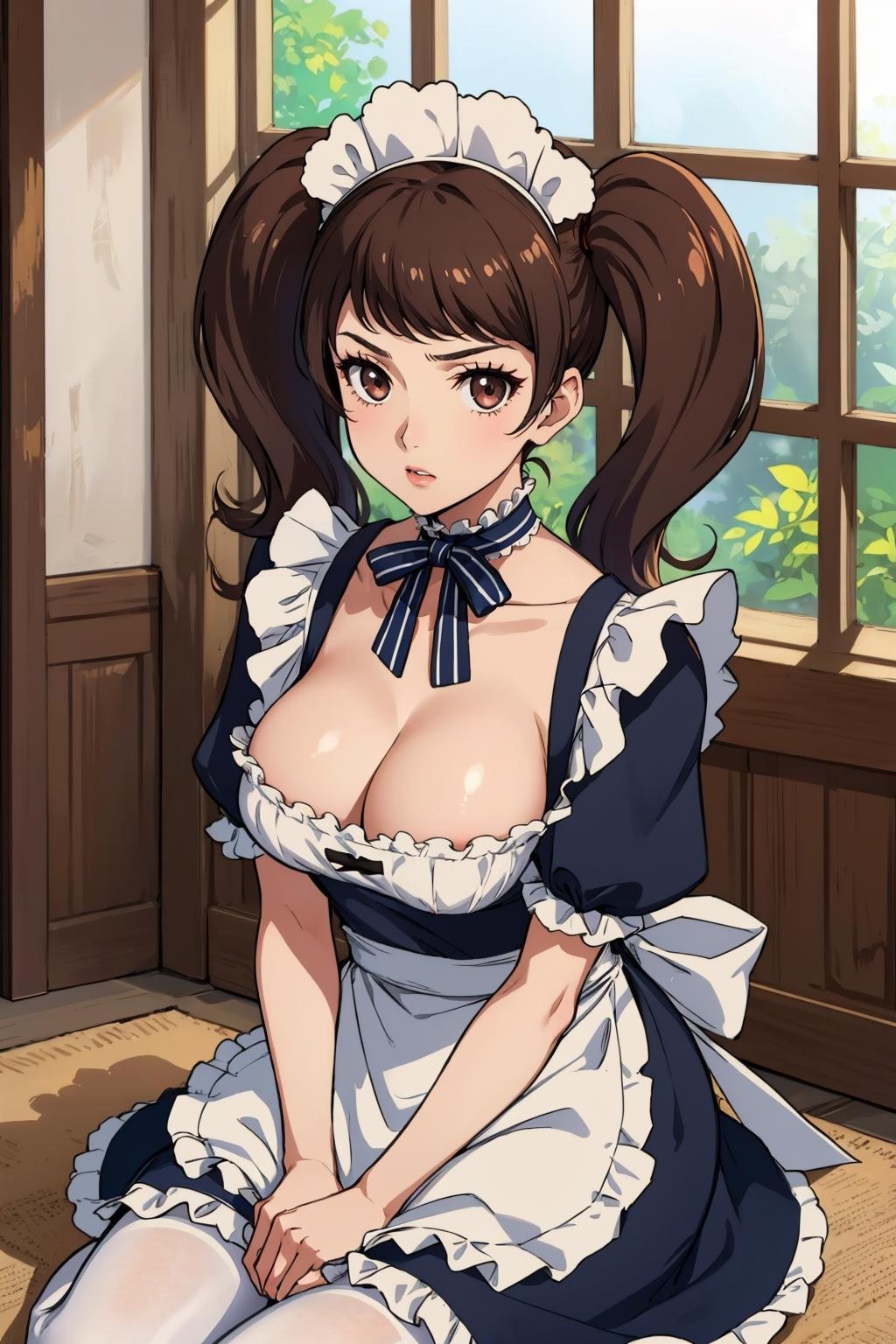 masterpiece, best quality, 1girl, solo, looking at viewer, breasts, mature female, collarbone, <lora:skp5-guy-v2:1>, skp5, twintails, bangs, maid, maid headdress, choker, frills, apron, cleavage, short sleeves, maid apron, dress, white pantyhose, indoors, window, seiza, depth of field, lens flare, 