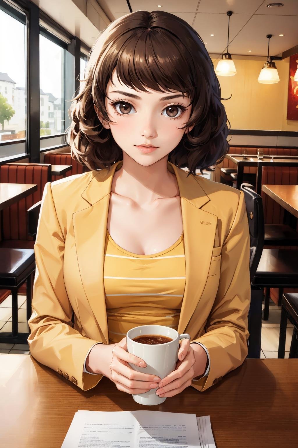 masterpiece, best quality, 1girl, solo, looking at viewer, breasts, mature female, collarbone, <lora:skp5-guy-v2:1>, skp5, bangs, jacket, striped shirt, yellow shirt, skirt, indoors, restaurant, pov across table, 