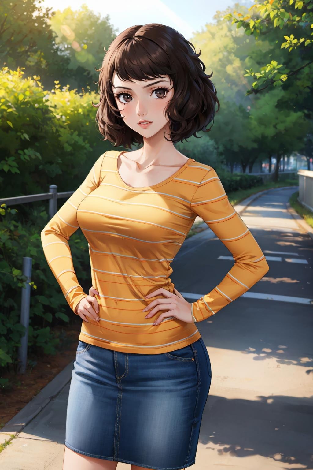 masterpiece, best quality, outdoors, light particles, lens flare, depth of field, 1girl, solo, looking at viewer, large breasts, mature female, collarbone, <lora:skp5-guy-v2:1>, skp5, bangs, striped shirt, long sleeves, skirt, denim skirt, hands on hips, 