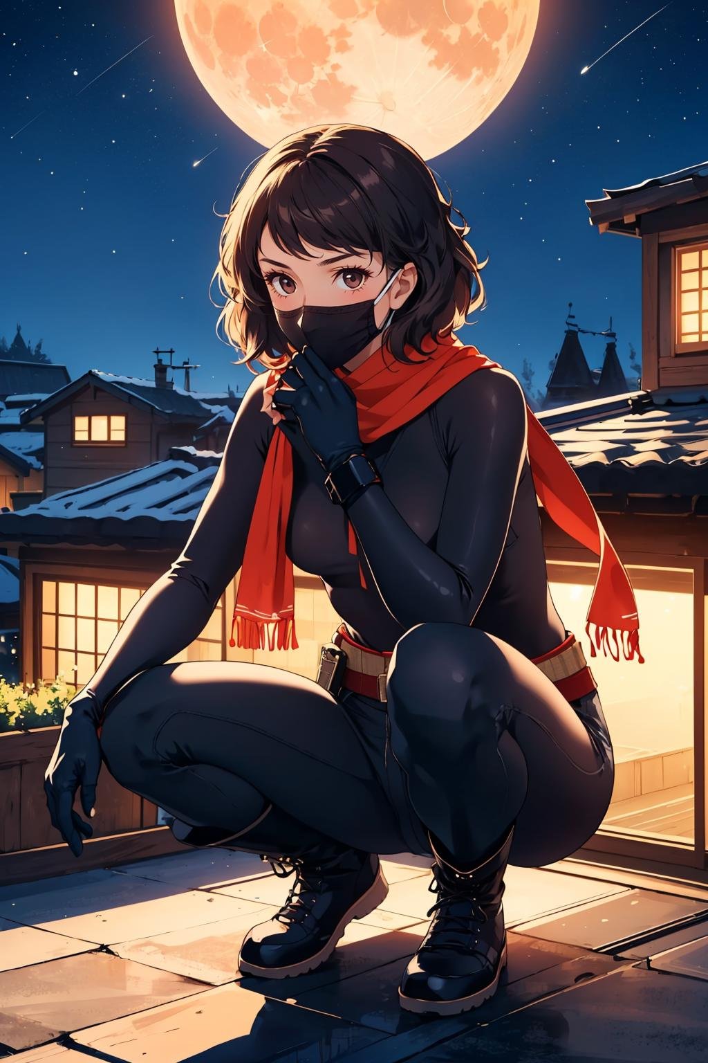 masterpiece, best quality, 1girl, solo, looking at viewer, breasts, mature female, collarbone, <lora:skp5-guy-v2:.95>, skp5, (ninja, ninja mask, mask:1.2), scarf, bodysuit, outdoors, night sky, squatting, light particles, moon, shadow, belt, baggy clothes, boots, rooftop, gloves, 