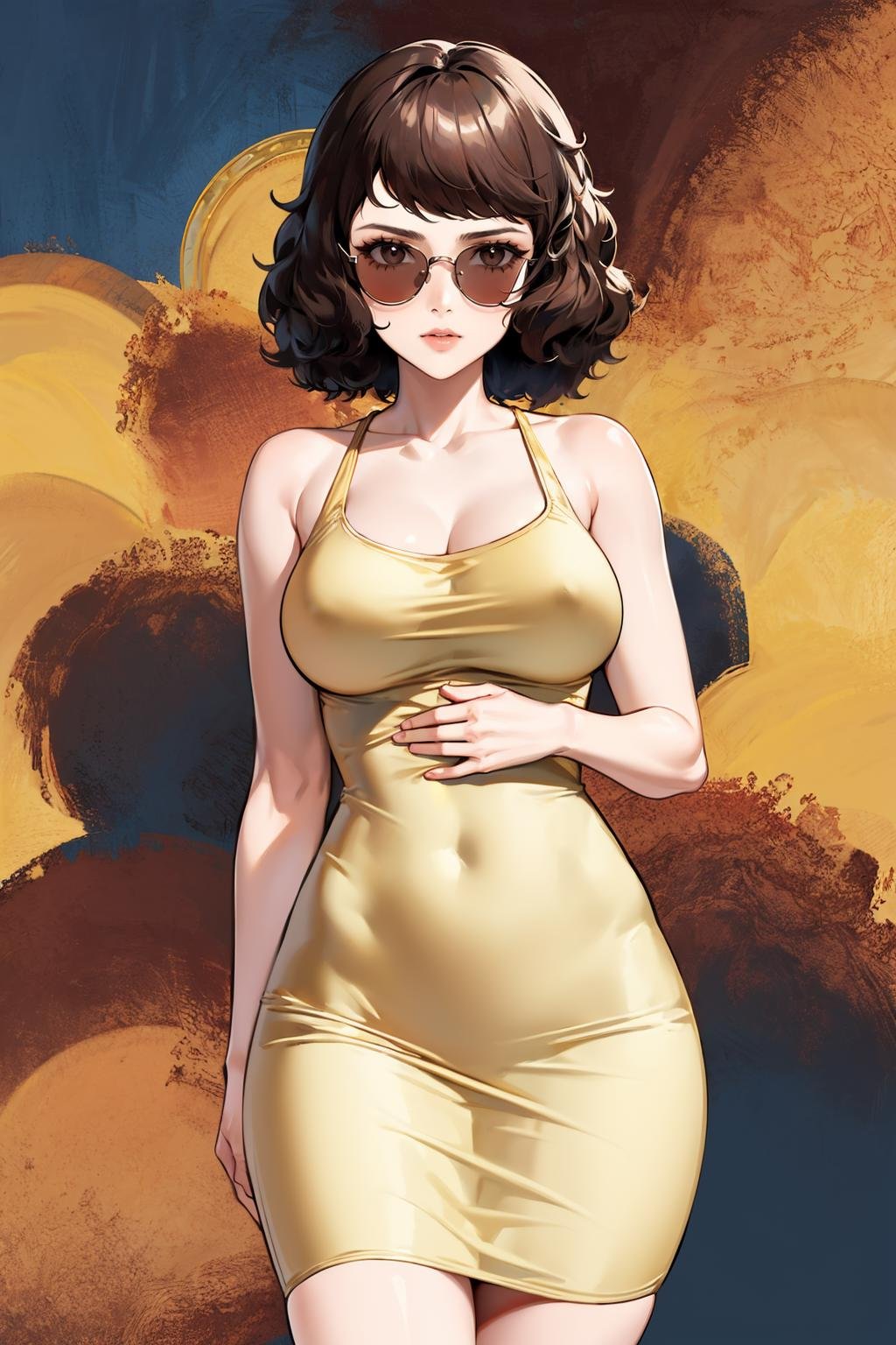 masterpiece, best quality, 1girl, solo, looking at viewer, large breasts, mature female, collarbone, <lora:skp5-guy-v2:.95>, skp5, bangs, (sunglasses:1.2), dress, abstract background, 