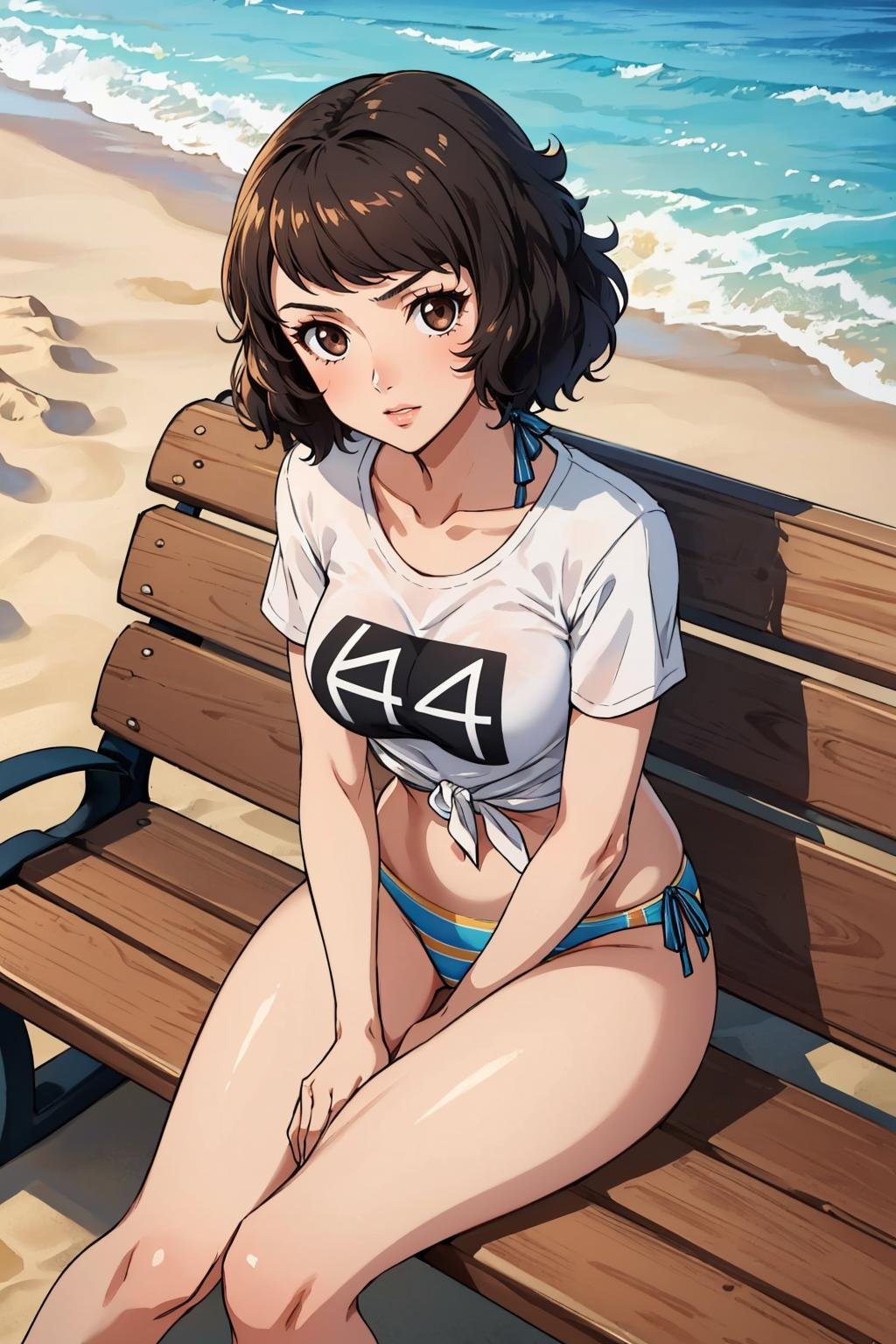 masterpiece, best quality, 1girl, solo, looking at viewer, breasts, mature female, collarbone, <lora:skp5-guy-v2:1>, skp5, bangs, shirt, striped, bikini, t-shirt, bikini bottom only, tied shirt, white shirt, outdoors, beach, shadow, sunlight, sand, ocean, palm tree, sitting, bench,