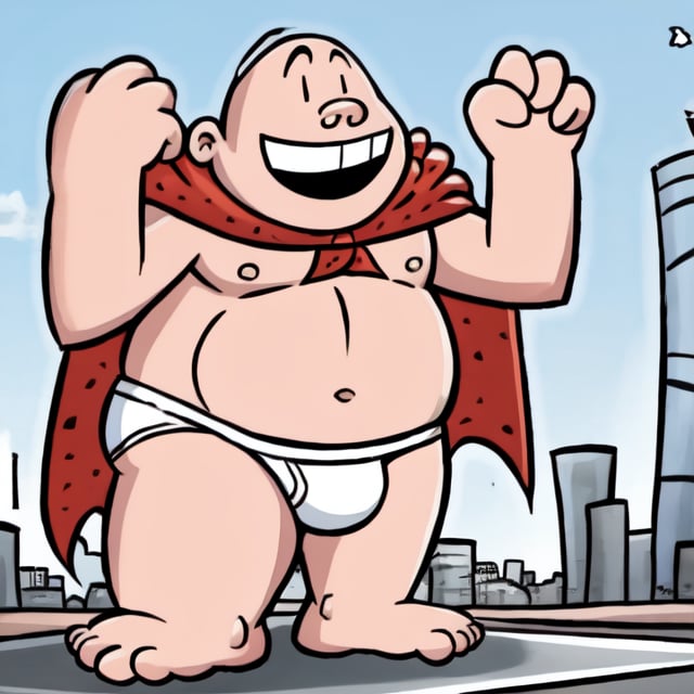 captain underpants, human, male, solo, white underwear, red cape, four fingers, four toes, bald, standing, chubby, smiling, teeth, city