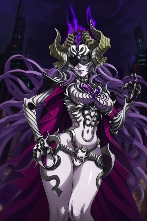 solo,
1girl,
pale skin,
thin lips,
belt,
bone helmet with horns,
standing,
bones loincloth,
hand on hips,


bones greaves on the legs,
looking at viewer, 
detailed hands,  
big breasts,
cape on the back,
lavender color hair,
very long hair,
black blindfold,hell, city,
empress