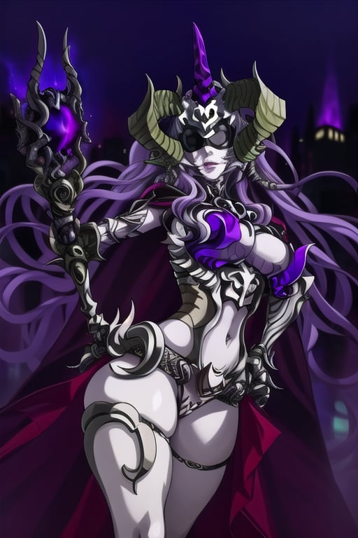 solo,
1girl,
pale skin,
thin lips,
belt,
bone helmet with horns,
standing,
loincloth,
hand on hips,


greaves on the legs,
looking at viewer, 
detailed hands,  
big breasts,
cape on the back,
lavender color hair,
very long hair,
black blindfold,hell, city,
empress