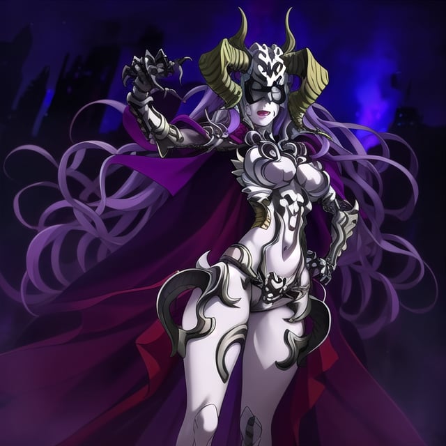 solo,
1girl,
pale skin,
thin lips,
belt,
bone helmet with horns,
standing,
bones loincloth,
hand on hips,


bones greaves on the legs,
looking at viewer, 
detailed hands,  
big breasts,
cape on the back,
lavender color hair,
very long hair,
black blindfold,hell, city,
empress