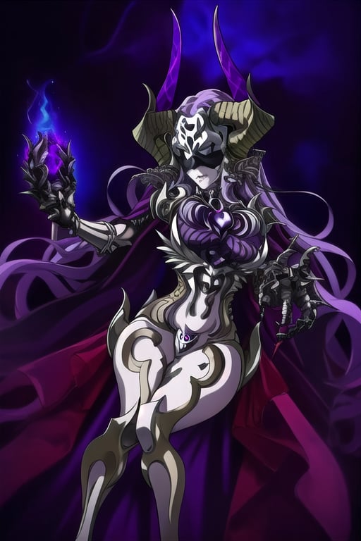 solo,
1girl,
pale skin,
bone helmet with horns,
throne, sitting,
greaves on the legs,
looking at viewer, 
detailed hands,  
big breasts,
cape on the back,
lavender color hair,
very long hair,
black blindfold,
front view,
empress