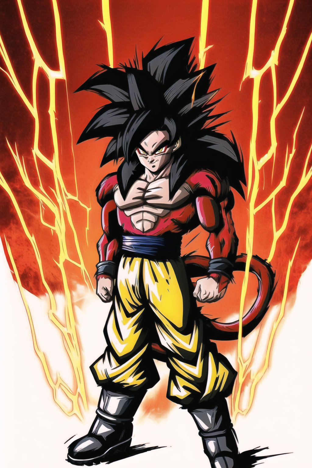  Super_Saiyan_4_Goku, highres, ,High quality,(Beautiful), ((masterpiece)),vibrant colors, son goku, son goku gt,1boy,closed mouth, solo, super saiyan 4, dragon ball gt, yellow pants, black boots, blue ribbon, ((some red fur on arms and chest)), red saiyan tail, (very long hair), (red eyeliner),male focus, muscular, muscular male, pectorals, solo, spiked hair,((black hair)), (pupils),yellow eyes,standing,spiked hair, red aura, electricity, smile,upper body,red eyeliner,1boy,stikers_style, abstract art, sketch, colorful