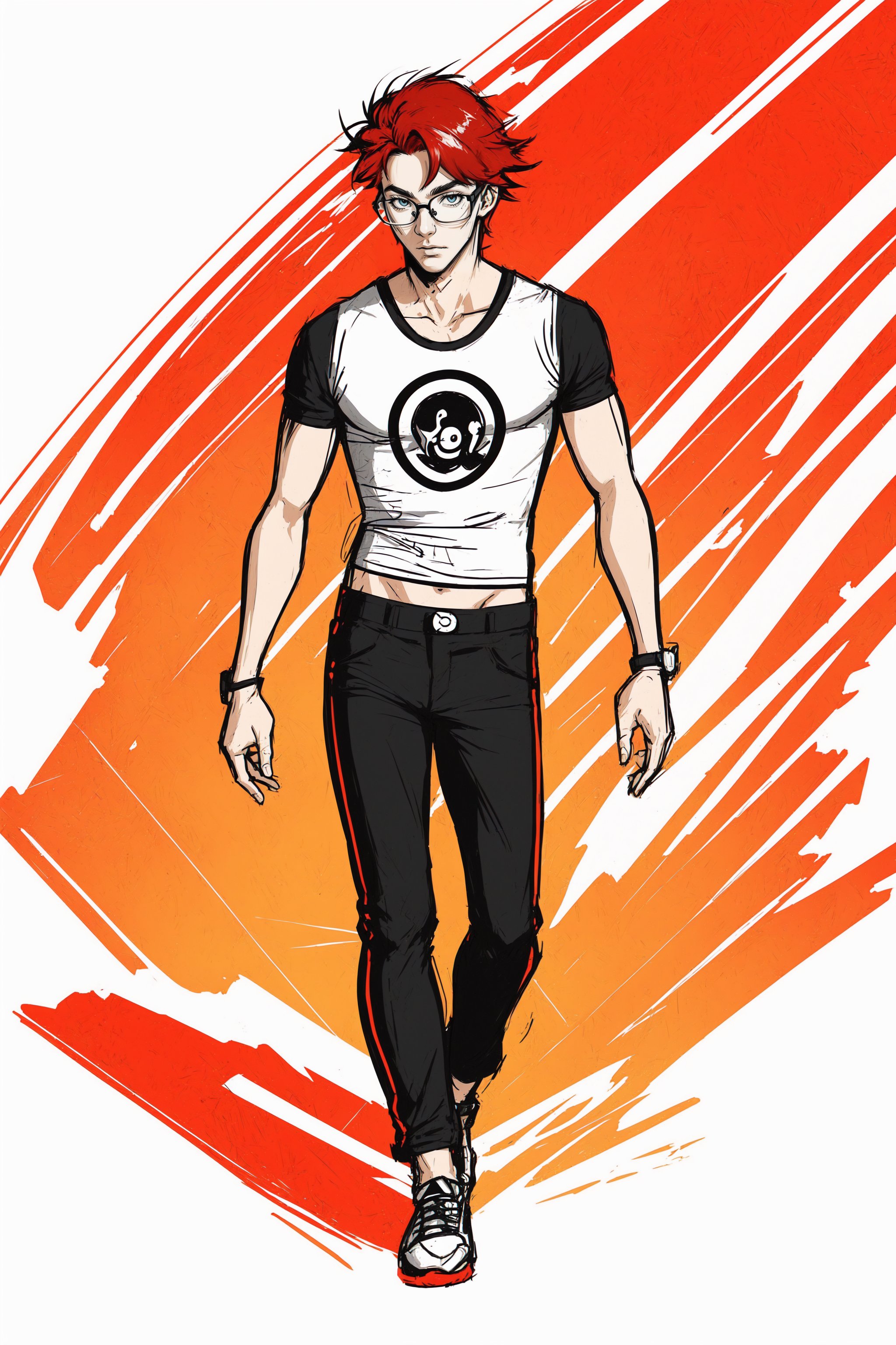 stikers_style,  abstract art, sketch, colorful, 1boy, red hair, white top, black pants, glasses, aura, solo, male focus