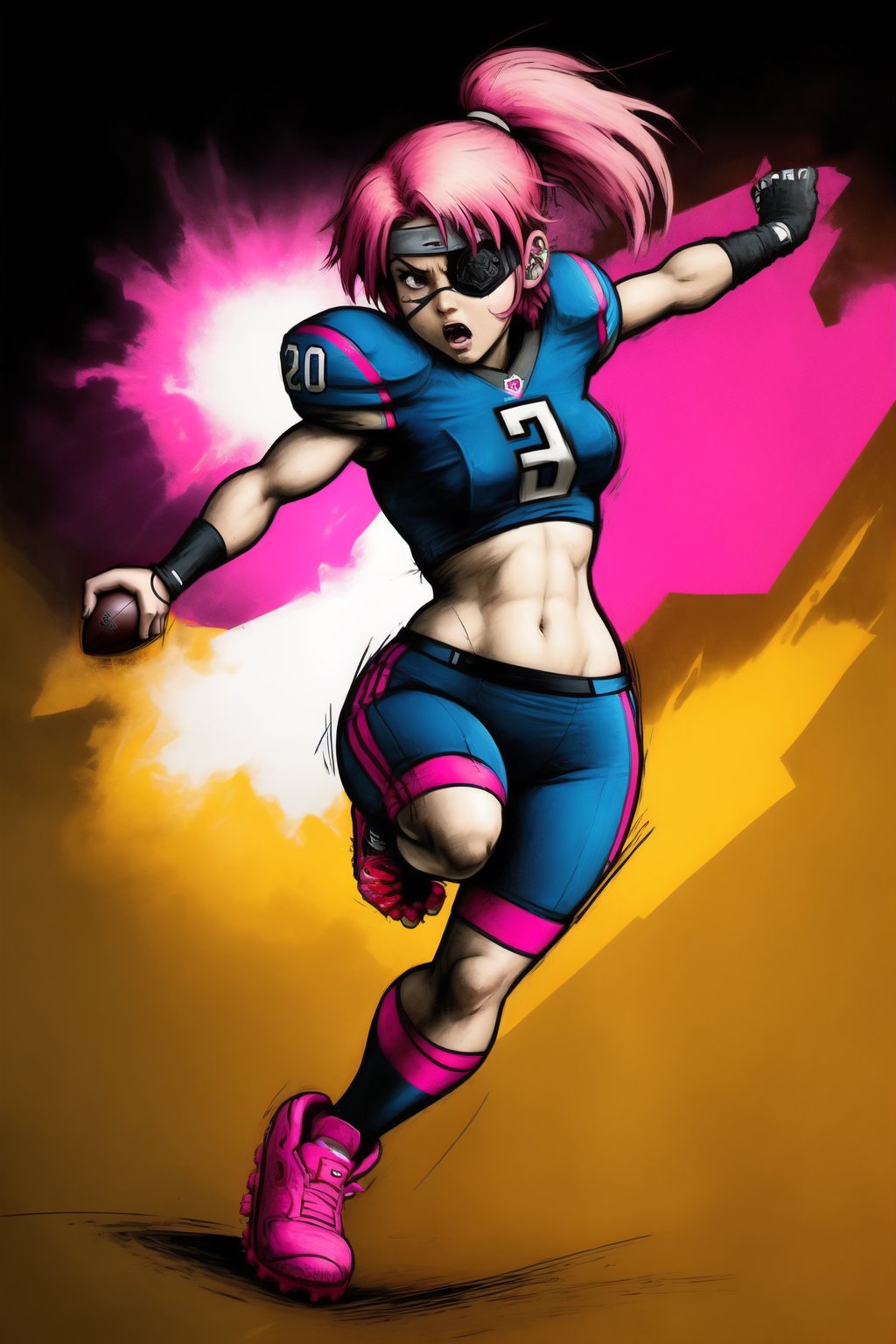 stikers_style,  abstract art, sketch, colorful, 1girl, short hair, eyepatch, muscles, armsleeves, navel, pink hair, gear, football, solo, angry, glow