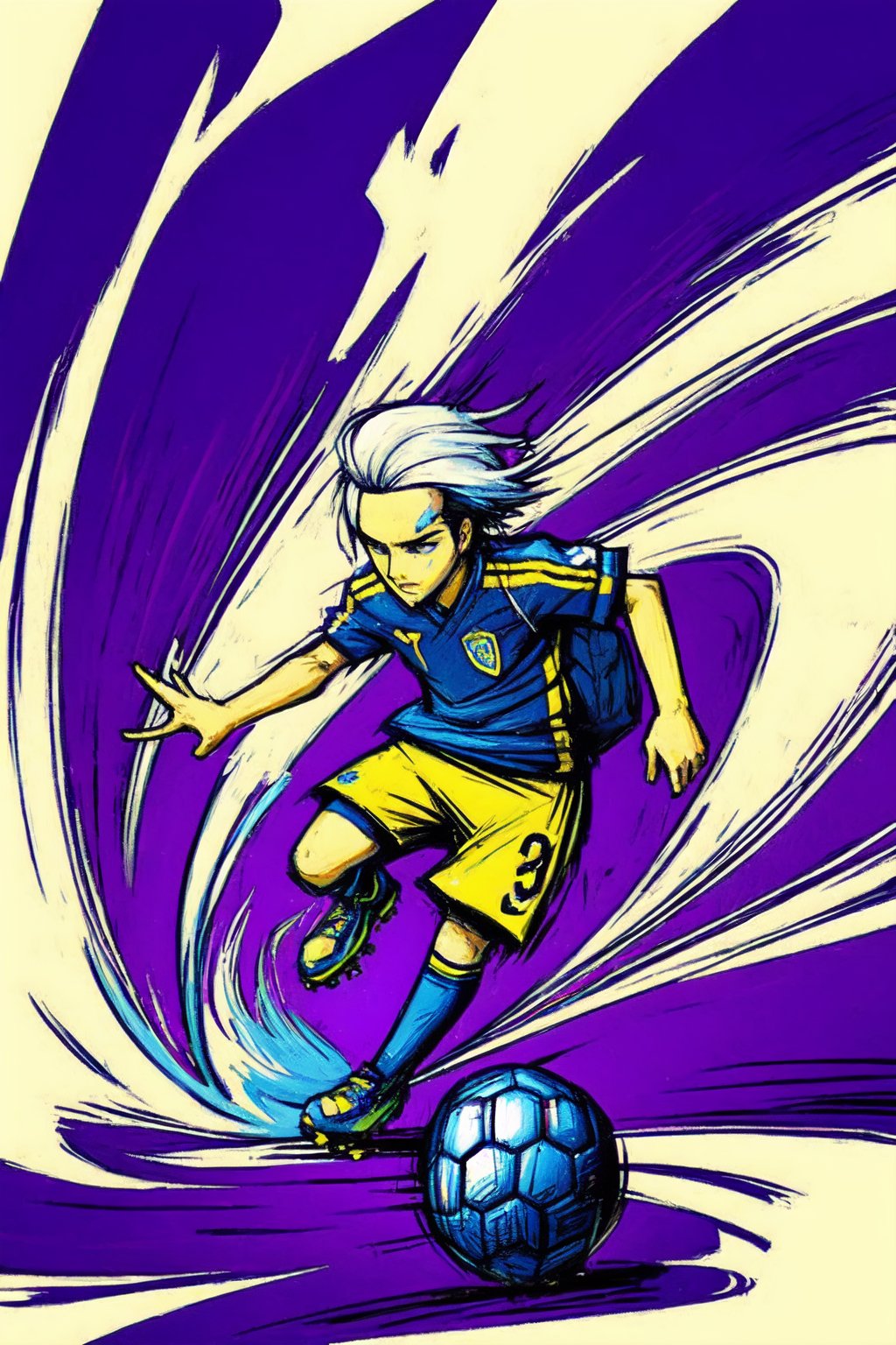 stikers_style,  abstract art, sketch, colorful, 1boy, soccer uniform, male focus, white hair,