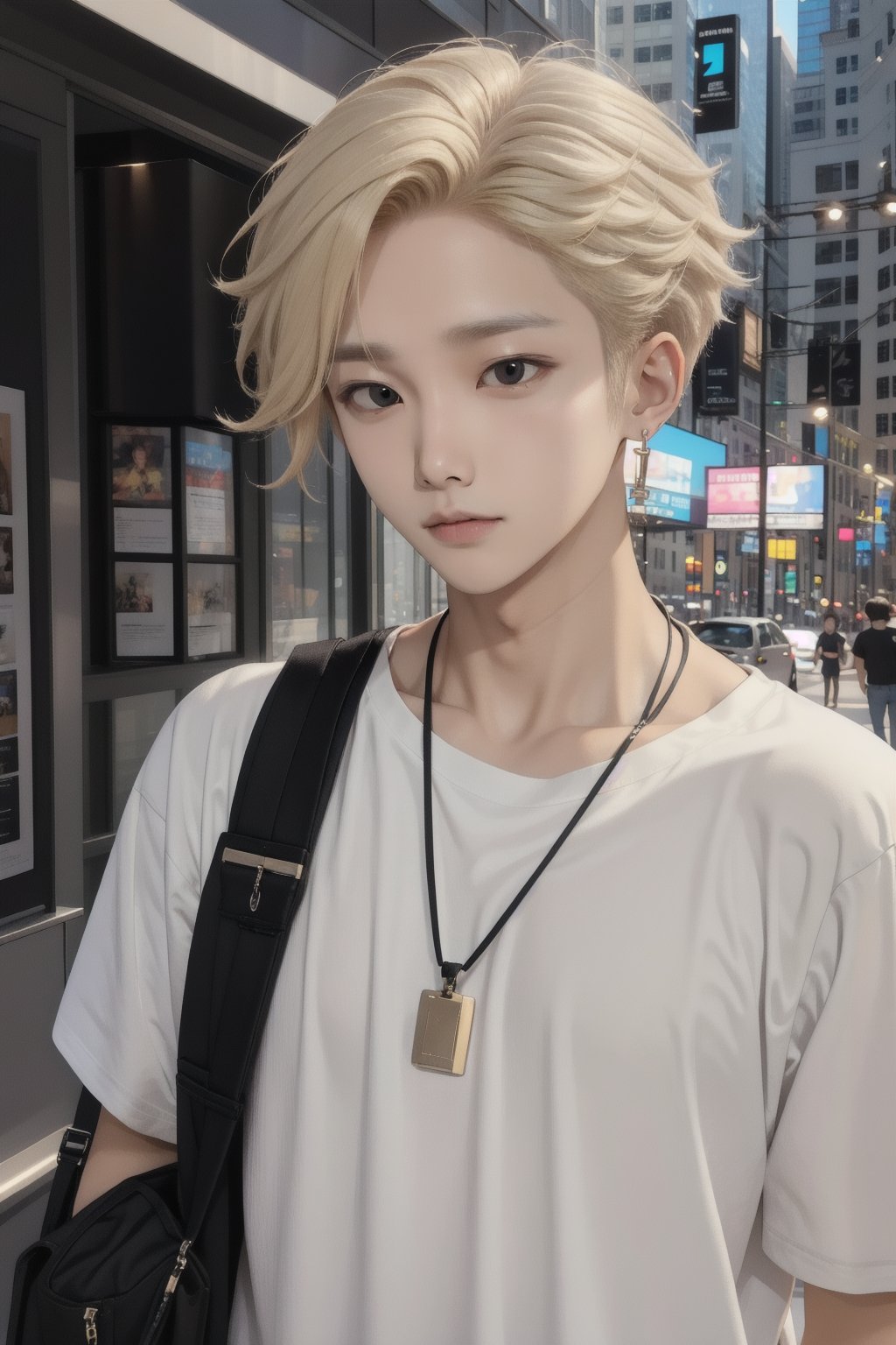 male face,ikemen, kpop,ikemen, kpop,ikemen, handsome, violinist, earrings, blond hair, black t-shirt ,necklace, earrings, young handsome asian male