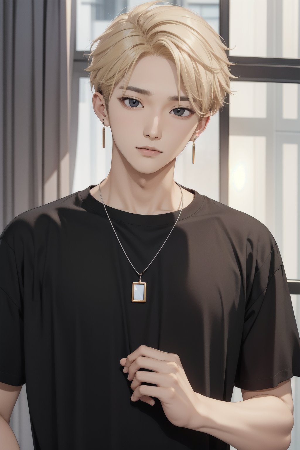 male face,ikemen, kpop,ikemen, kpop,ikemen, handsome, violinist, earrings, blond hair, black t-shirt ,necklace, earrings, young handsome asian male