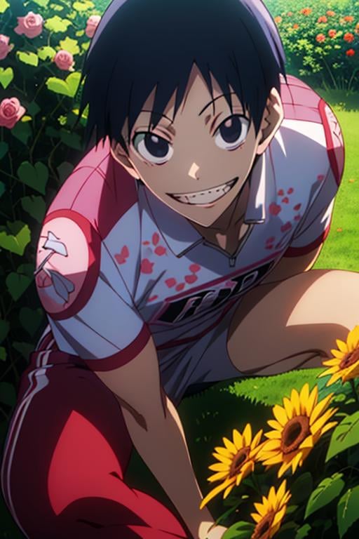 (best quality:1.1), (masterpiece:1.4), , , , depth of field, ligne claire, (anime:1.4), 1boy, solo, male focus, <lora:akira_midousuji:0.86>, akira_midousuji, black hair, black eyes, teeth, rugby shirt, , rose garden,