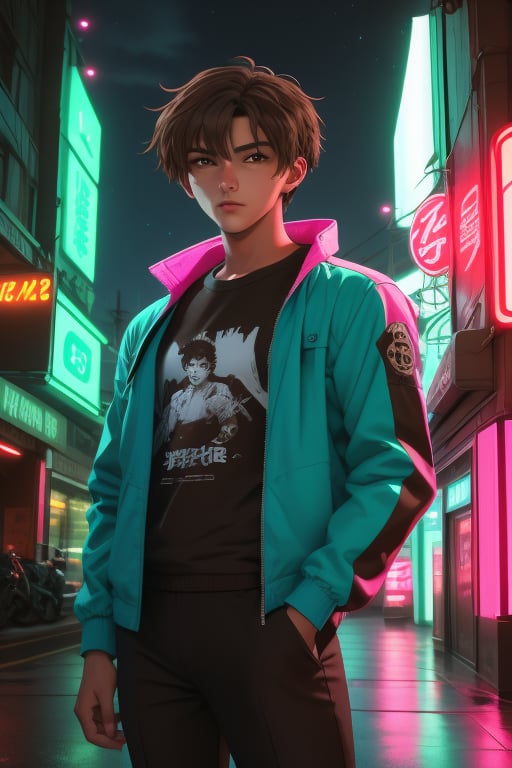 Toji Ide, a handsome young man,18 years old, brown hair, brown eyes, tanned skin. black yellow blue_cyan baggy t-shirt. pink black white jacket, thigh-length jacket. baggy black pants. in the background a night city with neon lights, interactive elements, very detailed, ((Detailed face)),  toji ide, sciamano240