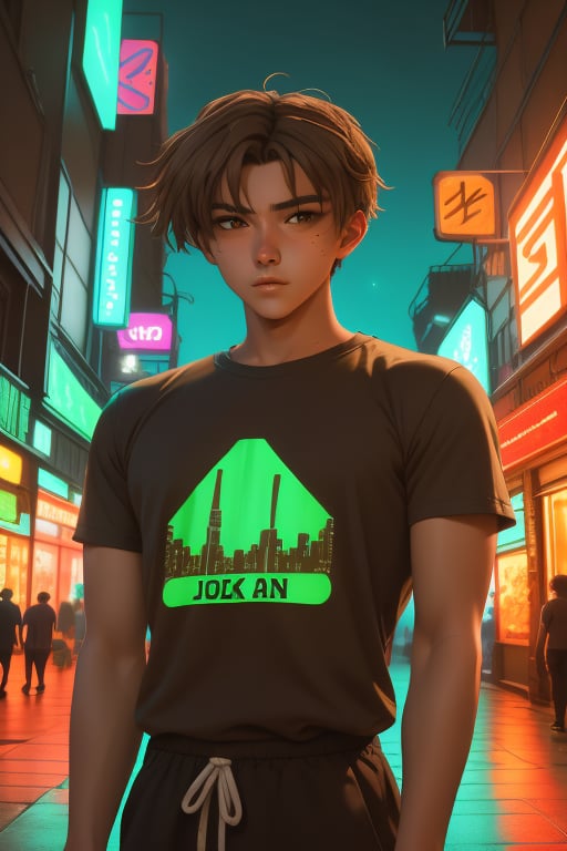 Toji Ide, a handsome young man,18 years old, brown hair, brown eyes, tanned skin. black yellow cyan baggy t-shirt. baggy black pants. in the background a night city with neon lights, interactive elements, very detailed, ((Detailed face)),  toji ide, sciamano240