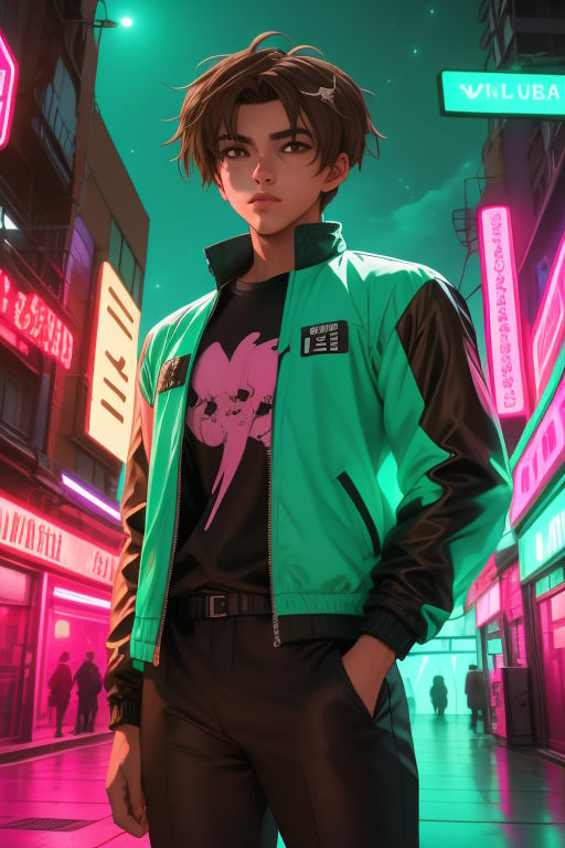 Toji Ide, a handsome young man,18 years old, brown hair, brown eyes, tanned skin. black yellow cyan baggy t-shirt. pink black white jacket, thigh-length jacket. baggy black pants. in the background a night city with neon lights, interactive elements, very detailed, ((Detailed face)),  toji ide, sciamano240