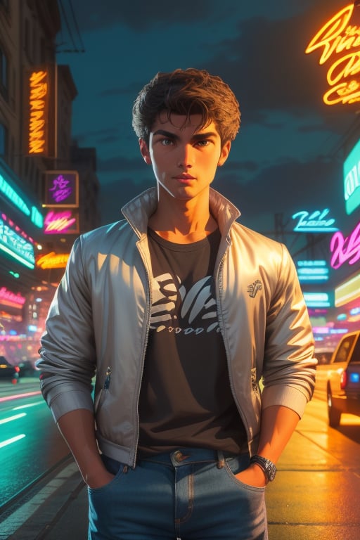 Toji Ide, a handsoe young man, 18 years old, short brown hair, spiky hair, brown eyes, tanned skin, slim body. black baggy t-shirt. wearing the silver "Driver" jacket. baggy jeans. action scene, in the background a night city with neon lights, tropical city, by the sea,  interactive elements, very detailed, ((Detailed face)), ((Detailed Half body)), silver jacket, Color Booster, toji ide