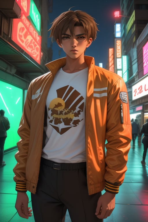 Toji Ide, a handsome young man,18 years old, brown hair, brown eyes, tanned skin. yellow baggy t-shirt.  coral_red white tropical jacket, thigh-length jacket. baggy black pants. in the background a night city with neon lights, interactive elements, very detailed, ((Detailed face)),  toji ide, sciamano240