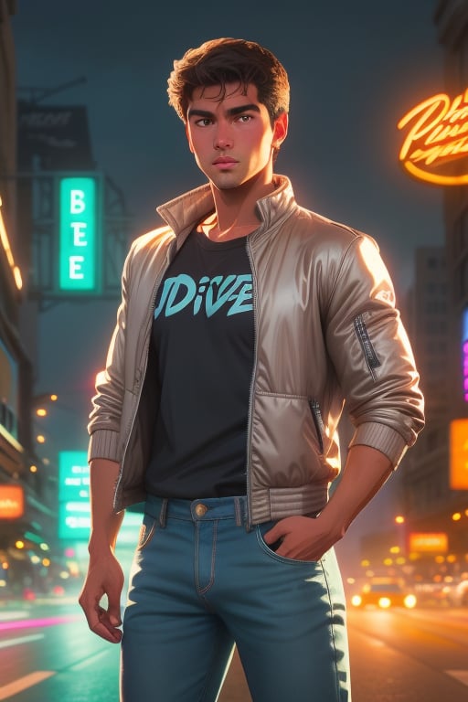 Toji Ide, a handsoe young man, 18 years old, short brown hair, brown eyes, tanned skin, slim body. black baggy t-shirt. wearing the silver "Driver" jacket. baggy jeans. action scene, in the background a night city with neon lights, tropical city, by the sea,  interactive elements, very detailed, ((Detailed face)), ((Detailed Half body)), silver jacket, Color Booster, toji ide