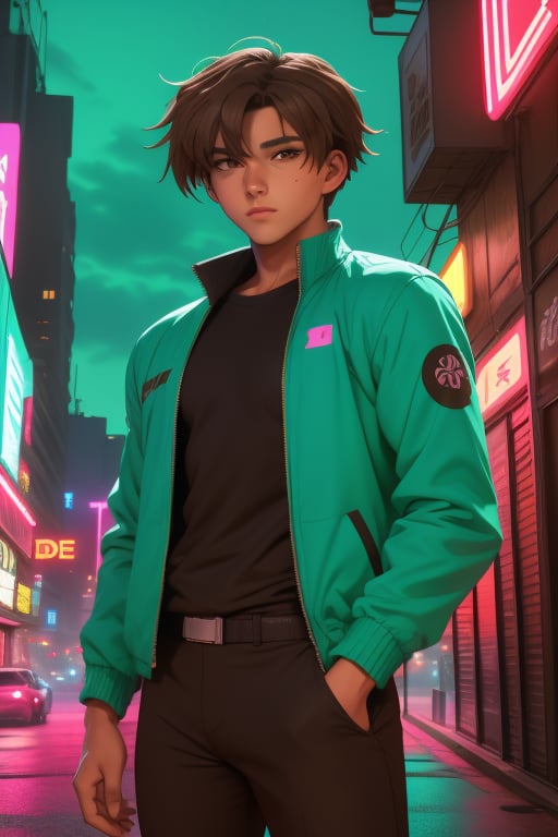 Toji Ide, a handsome young man,18 years old, brown hair, brown eyes, tanned skin. black yellow blue_cyan baggy t-shirt. pink black white jacket, thigh-length jacket. baggy black pants. in the background a night city with neon lights, interactive elements, very detailed, ((Detailed face)),  toji ide, sciamano240