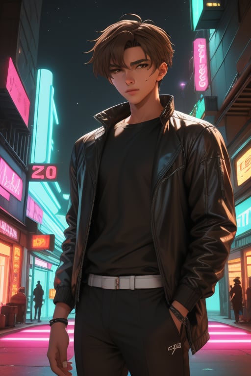 Toji Ide, a handsome young man,18 years old, brown hair, brown eyes, tanned skin. black yellow baggy t-shirt.  black white jacket, thigh-length jacket. baggy black pants. in the background a night city with neon lights, interactive elements, very detailed, ((Detailed face)),  toji ide, sciamano240