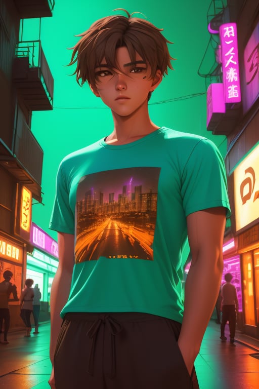 Toji Ide, a handsome young man,18 years old, brown hair, brown eyes, tanned skin. black yellow cyan baggy t-shirt. baggy black pants. in the background a night city with neon lights, interactive elements, very detailed, ((Detailed face)),  toji ide, sciamano240