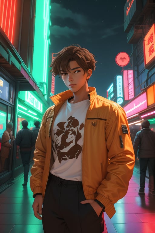 Toji Ide, a handsome young man,18 years old, brown hair, brown eyes, tanned skin. yellow baggy t-shirt.  coral_red white tropical jacket, thigh-length jacket. baggy black pants. in the background a night city with neon lights, interactive elements, very detailed, ((Detailed face)),  toji ide, sciamano240