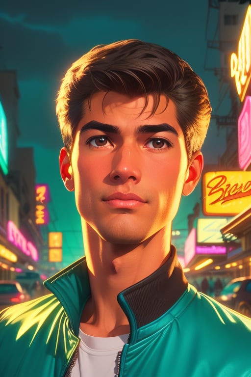 Toji Ide, a handsoe young man, 18 years old, short brown hair, brown eyes, tanned skin, slim body. black t-shirt. wearing the silver "Driver" jacket. action scene, in the background a night city with neon lights, tropical city, by the sea,  interactive elements, very detailed, ((Detailed face)), ((Detailed Half body)), silver jacket, Color Booster, toji ide