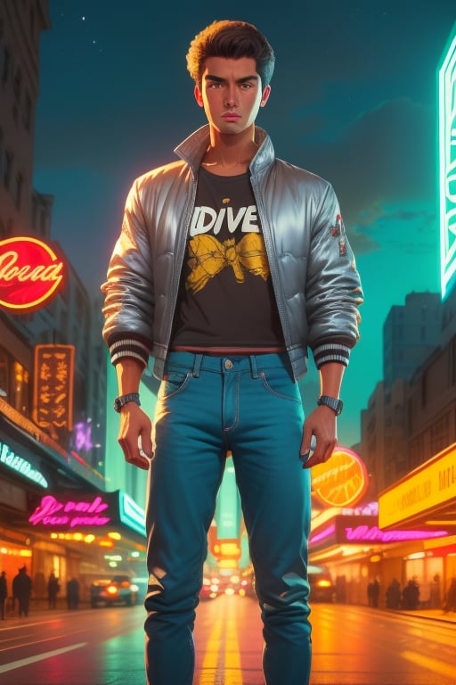 Toji Ide, a handsoe young man, 18 years old, short brown hair, spiky hair, brown eyes, tanned skin, slim body. black baggy t-shirt. wearing the silver "Driver" jacket. baggy jeans. action scene, in the background a night city with neon lights, tropical city, by the sea,  interactive elements, very detailed, ((Detailed face)), ((Detailed Half body)), silver jacket, Color Booster, toji ide