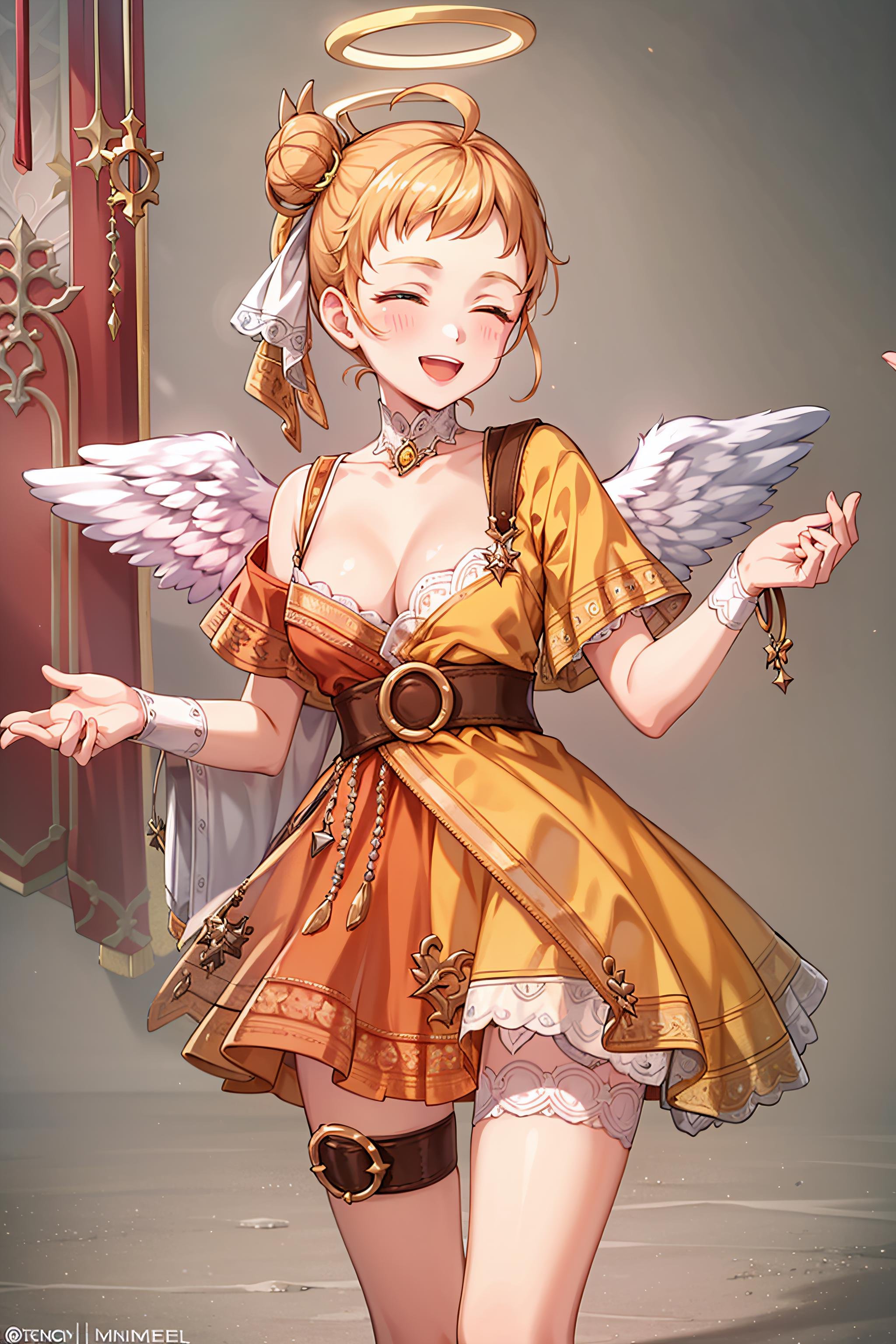 best quality, masterpiece, detailed,<lora:TowerOfGod_RonMei:0.8>, RonMei,1girl, open mouth, smile,blonde hair, closed eyes, single hair bun, halo, hair ribbon, ahoge,orange dress, cleavage, angel wings, thigh strap,standing,simple background