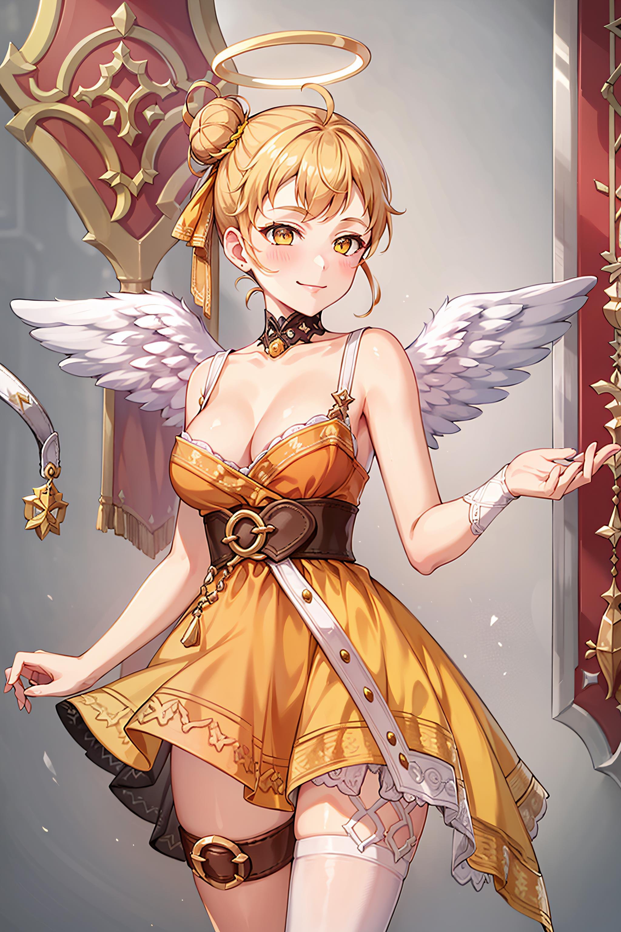 best quality, masterpiece, detailed,<lora:TowerOfGod_RonMei:0.8>, RonMei,1girl, closed mouth, smile,blonde hair, yellow eyes, single hair bun, halo, hair ribbon, ahoge,orange dress, cleavage, angel wings, thigh strap,standing,simple background