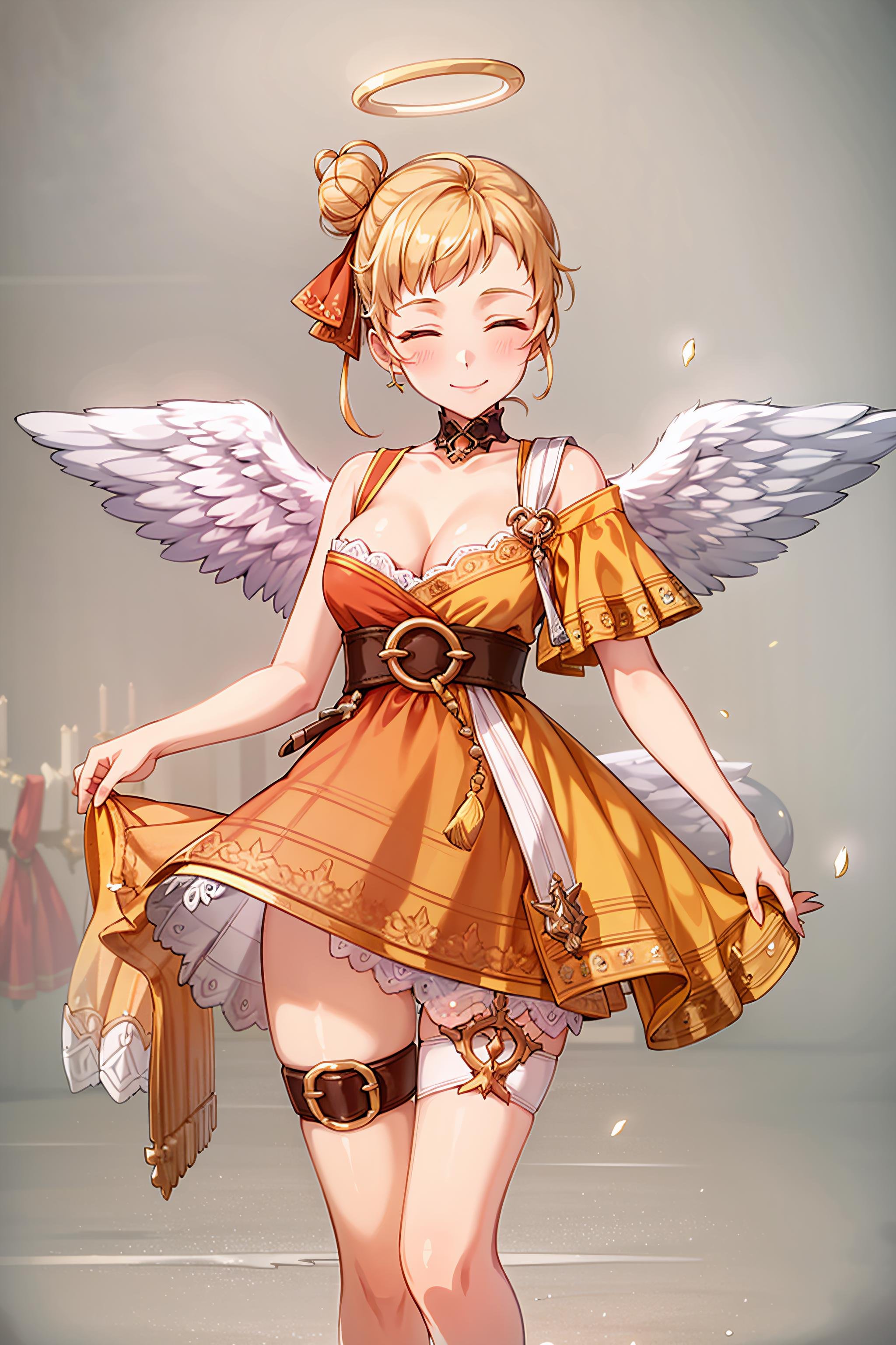 best quality, masterpiece, detailed,<lora:TowerOfGod_RonMei:0.8>, RonMei,1girl, ^_^,blonde hair, closed eyes, smile, single hair bun, halo, hair ribbon, ahoge,orange dress, cleavage, angel wings, thigh strap,standing,simple background