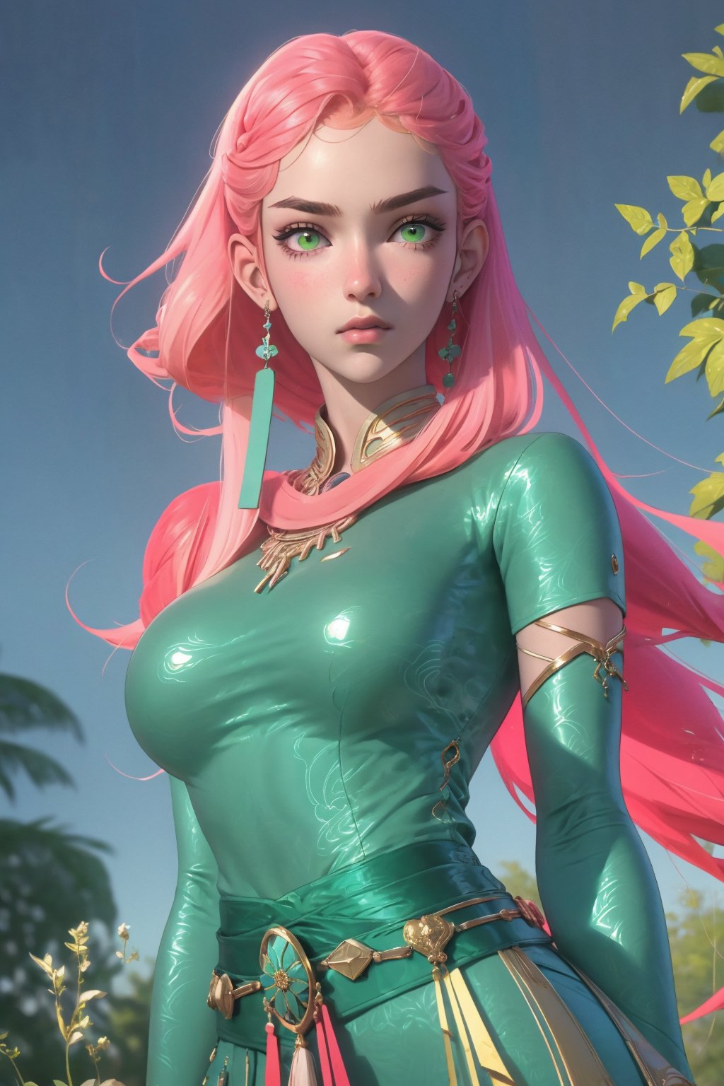 1girl, long yuyin, solo, oil painting, impasto, looking at viewer, a beautiful young woman, 24 years old, long pink hair, green eyes.  warrior, DnD, tribal necklace, warrior psychedelic outfit, big breasts, wide hips,  psychedelic background, masterpiece, nijistyle, niji, , sciamano240, soft shading, Long Yuyin