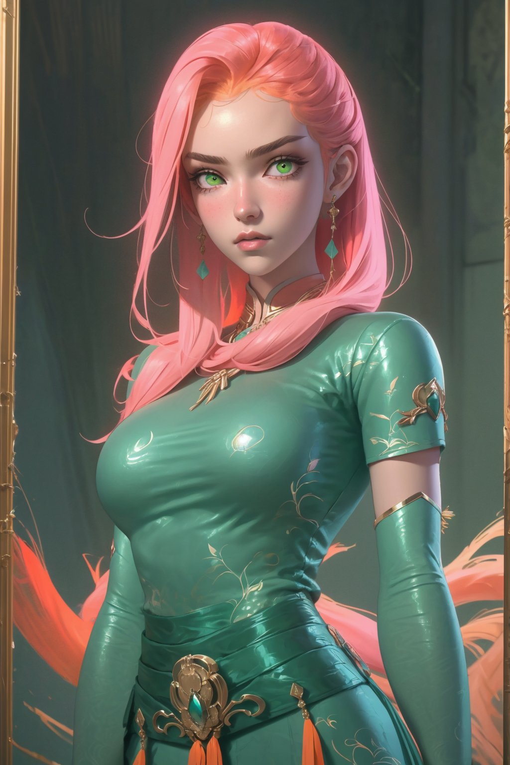 1girl, long yuyin, solo, oil painting, impasto, looking at viewer, a beautiful young woman, 24 years old, long pink hair, green eyes.  warrior, DnD, tribal necklace, warrior psychedelic outfit (Yellow_orange), big breasts, wide hips,  psychedelic background, masterpiece, nijistyle, niji, , sciamano240, soft shading, Long Yuyin